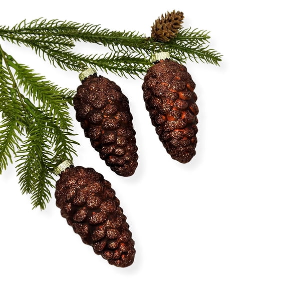Stp Goods Frosted Pine Cones Glass Christmas Ornament Set of 3 Hand-Painted Christmas Tree Ornament Christmas Tree Hanging Decorations, Brown
