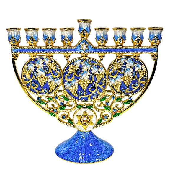 Stp Goods Grapevines Enamel Menorah in Gift Box 7.1x3x6.5" (18x7.6x16.5 cm) Judaica Hanukkah Menorah Hand-Painted Artistic Menorah Metal Candelabra with Jeweled Accents, Blue and Gold