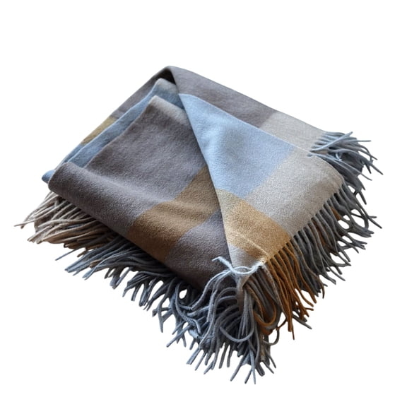 Stp Goods Scottish Plaid Wool Throw Blanket with Fringe 74.8x55.1" (190x140 cm) Tartan Throw Wrap Wool Blanket for Couch Sofa or Bed 100% Wool Throw, Brown Orange Blue