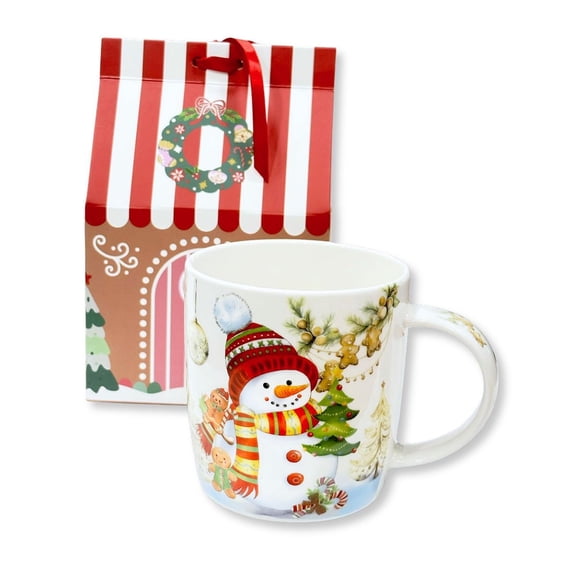 Stp Goods Snowman in Hat Bone China Mug in Gift Box 12 fl oz (355 ml) Coffee and Tea Mug for Latte Cocoa Chocolate, Christmas Tableware, Holiday Drinkware, Red White
