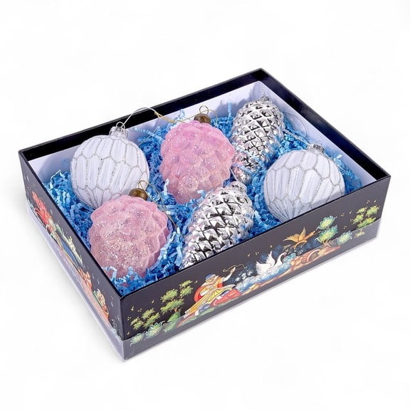 Stp Goods Winter Morning Glass Christmas Ornament Set of 6 pcs Hand-Painted Christmas Ball Ornaments Pine Hanging Decorations, Pink White Silver