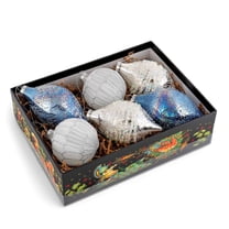 Stp Goods Winter Sparkle Dream Glass Christmas Ornament Set of 6 pcs Hand-Painted Christmas Ball Ornaments Pine Hanging Decorations, Blue White Silver