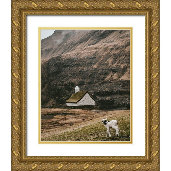 Straatsma, Leah 26x32 Gold Ornate Wood Framed with Double Matting Museum Art Print Titled - Moody Lanscape with Sheep and Chapel Barn