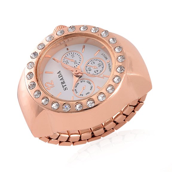 Strada Crystal Japanese Movement Ring Watch in ION Plated RG Stainless Steel Size 57 Christmas Gifts