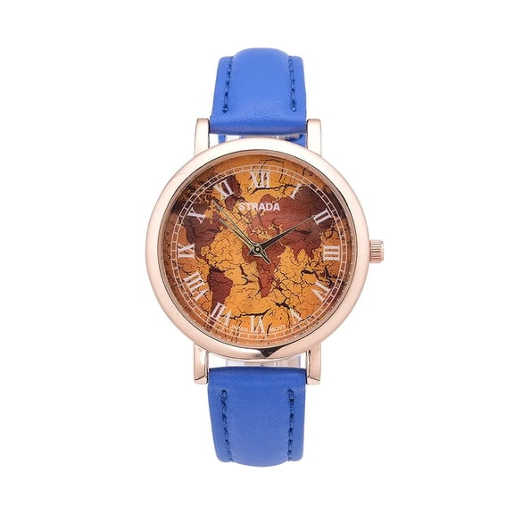 STRADA Japanese Movement Earth Pattern Dial Watch in Blue Faux Leather Strap (37mm) Size 6.75 -8.5" Birthday Christmas Gifts