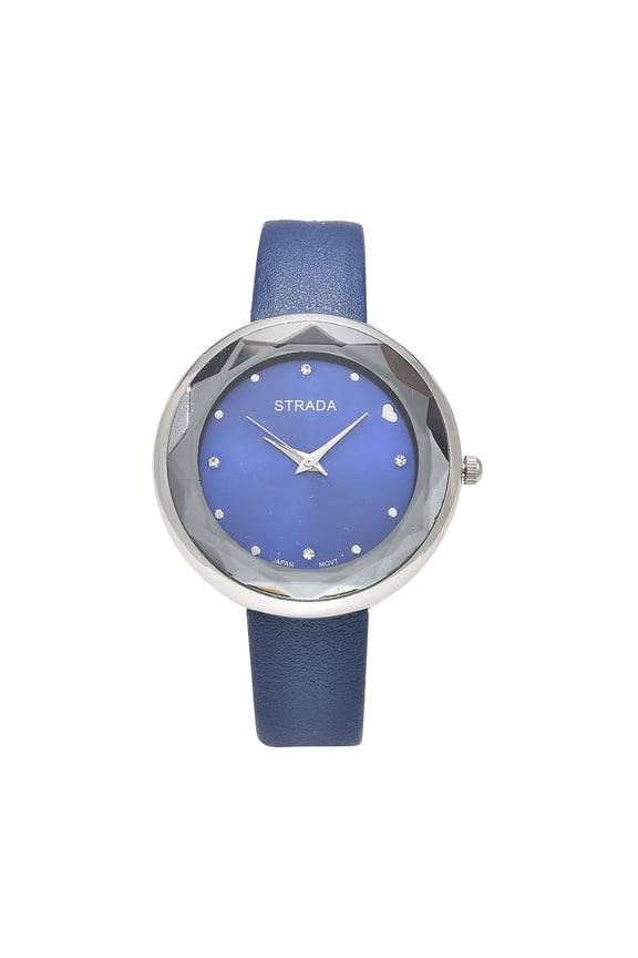 Strada Japanese Movement White Crystal with Blue Dial Watch in Blue Faux Leather Strap (36.32mm) Size 6.25-7.75" Birthday Christmas Gifts