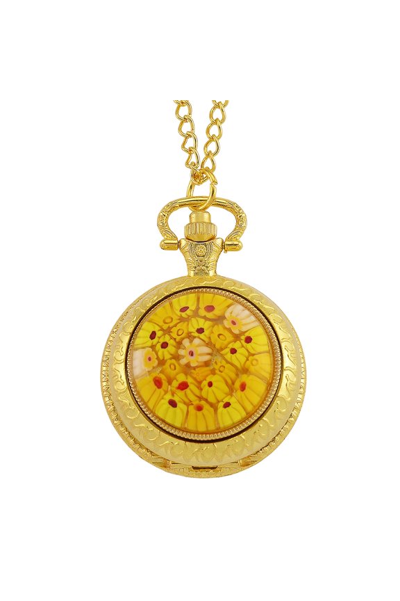 Strada Rotating Yellow Murano Style ese Movement Pocket Watch with Chain 36 Inches in Goldtone