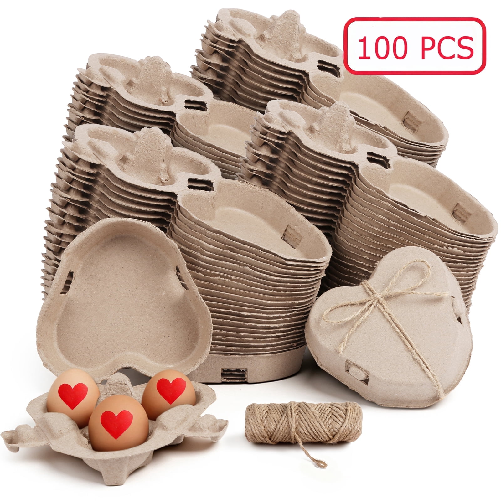 Strafriture 100Pcs Paper Pulp Egg Cartons Bulk, Heart Shape Egg Box Bulk for 3, Case Holder Containers with Jute Rope for Home Kitchen Baking Storage,Brown