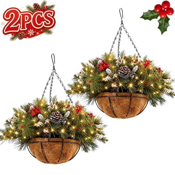 Strafriture 2PCS Pre-Lit Christmas Hanging Basket with Pine Cones & Red Berries 20 in Warm White Lighted Holiday Planter for Indoor Outdoor Door Window Wall Decor