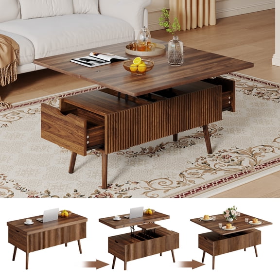 Strafriture 4 in 1 Lift Top Coffee Table, Fluted Convertible Coffee Tables Converts to Dining Tables, Modern Wooden Center Table with Drawer for Living Room, Small Space, Brown