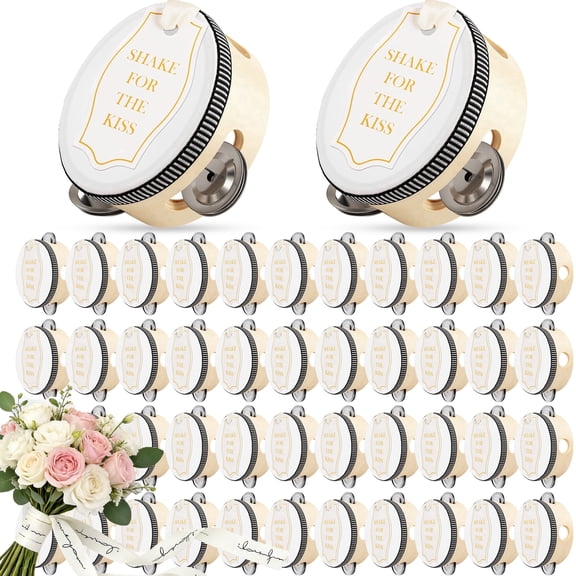 Strafriture 48 Set 4 Inch Tambourine for Hand Held Drum with Gift Tags & White Printed Ribbon Percussion Gift Musical Instrument for Church Wedding Party Favor