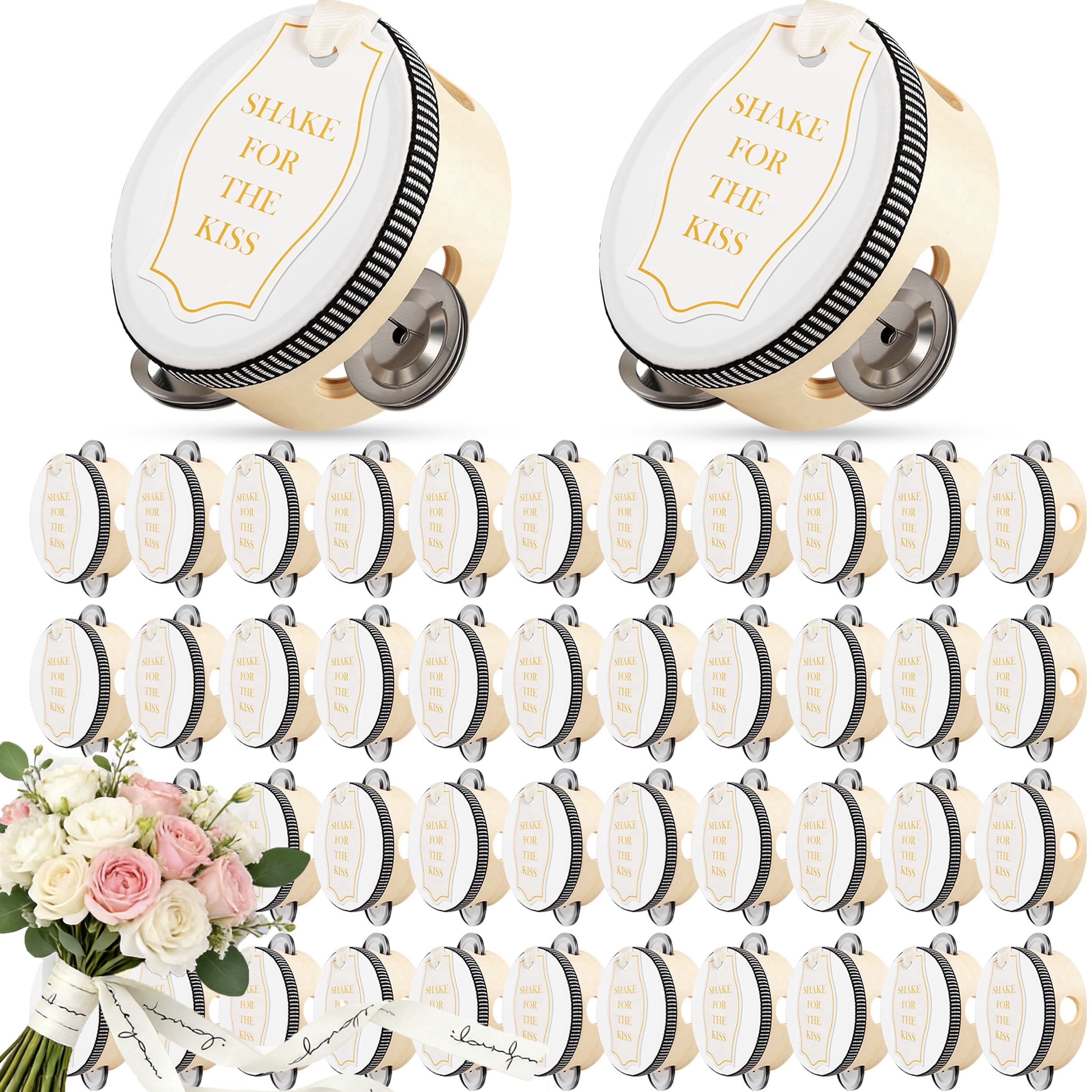 Strafriture 48 Set 4 Inch Tambourine for Hand Held Drum with Gift Tags & White Printed Ribbon Percussion Gift Musical Instrument for Church Wedding Party Favor