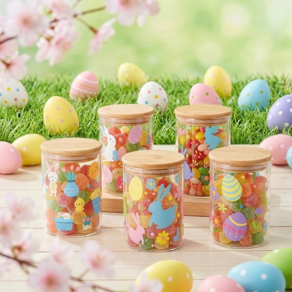 Strafriture 6PCS Easter's Day Glass Storage Jars with Airtight Lid Bunnies Eggs Flower Decorative Canisters Sets for Home Kitchen Countertop,3.94 Inch