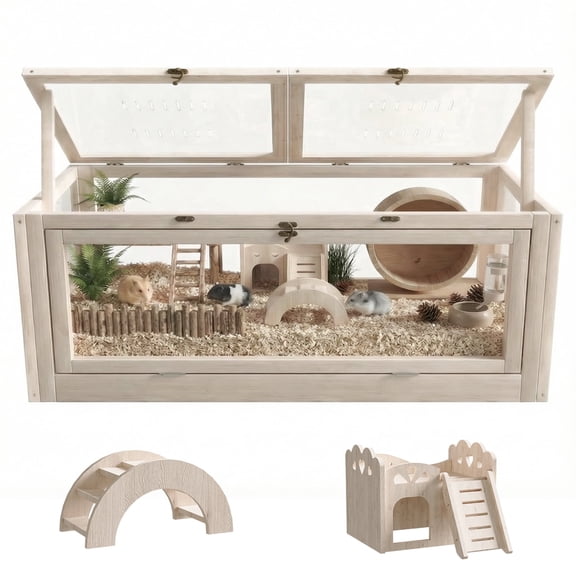 Strafriture Hamster Cage Wooden 31.5" Guinea Pig Cages Mice and Rat Habitat with Openable Ventilated Acritic View Windows for Guinea Pigs Ferrets Natural