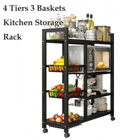 Strafriture Kitchen Storage Rack, 4 Tiers 3 Baskets,Metal Rolling Cart with Removable Grid Shelves, Lockable Wheels, with Mesh Baskets for Bathroom