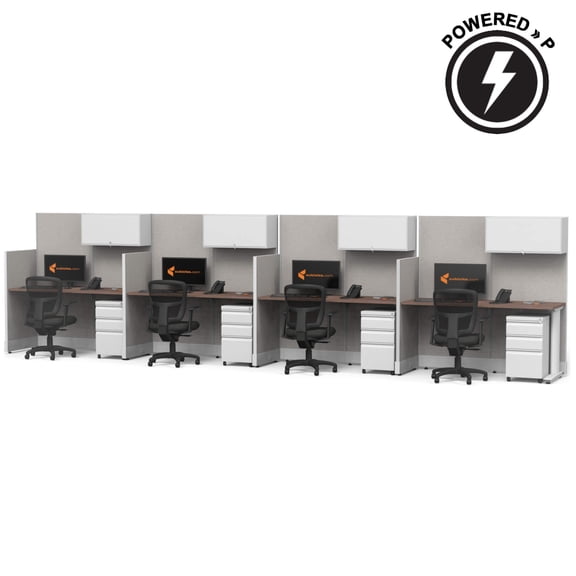 Straight 4-Person Inline Office Cubicle Workstation, 2x5 Powered Modular Desk with 67"H Acoustic Panels, Storage Cabinets and Steel Frame - White Desk, White Paint, Self-Assembly
