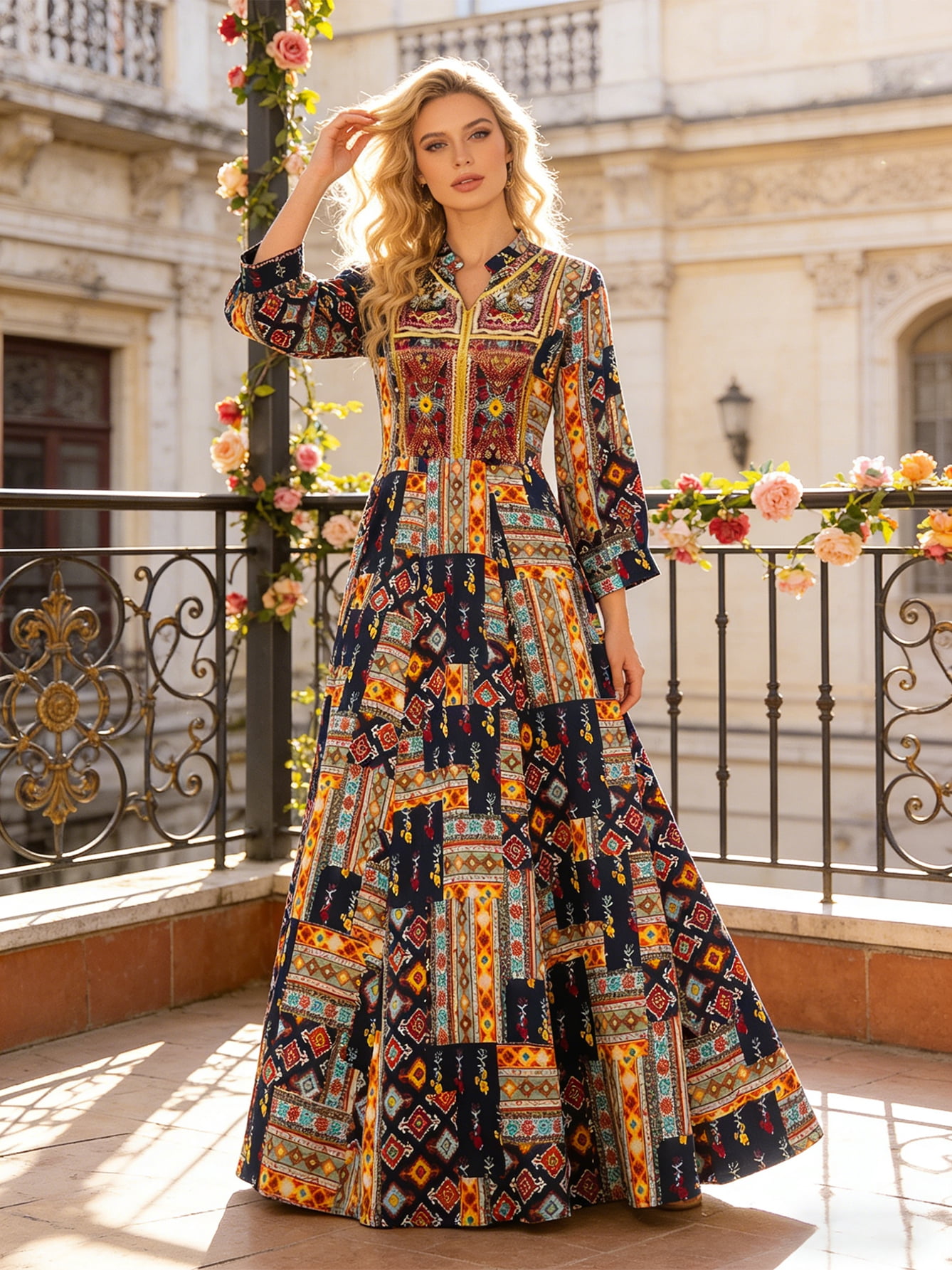 boho patchwork maxi dress Straight A-Line Woven with Artisanal Print and Vertical Bib Border Split V-Neck Long Sleeve Gown for Vacation and Travel Dreamy patchwork prairie maxi 2023 prom dress trends Rosmira - Black Beaded Size:Fierce