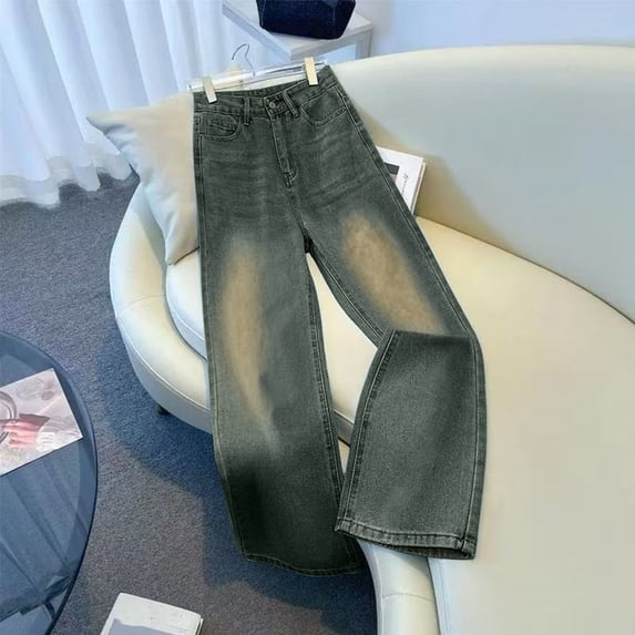 Straight Ankle Women's Jeans Women's Girls High Waist Straight Leg Jeans, Vintage Washed Loose Fitting Casual Denim Pants Streetwear Trousers Gray M