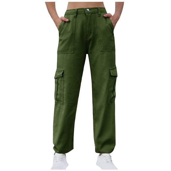 Straight Ankle Women's Jeans Womens Cargo Denim Jeans High Waisted Stretchy Flap Pocket Straight Leg Pants S-53 Green XXL