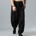 thumbnail image 1 of Straight Baggy Cotton Linen Pants for Men Solid Color Wide Leg Comfy Ankle Pant Elastic High Waist Drawstring Casual Trousers, 1 of 6