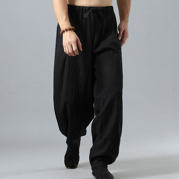 Straight Baggy Cotton Linen Pants for Men Solid Color Wide Leg Comfy Ankle Pant Elastic High Waist Drawstring Casual Trousers