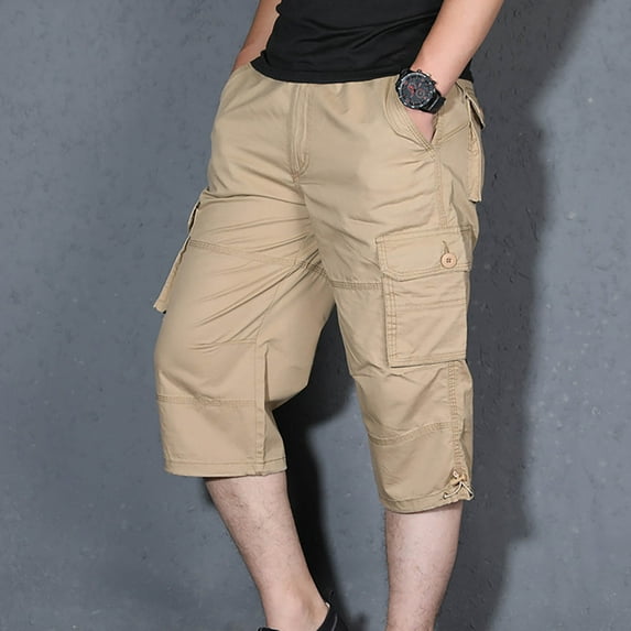 Straight Baggy Cropped Cargo Pants for Men Solid Color Comfy Baggy Workwear Short Drawstring Cuffs Button Shorts with Pockets