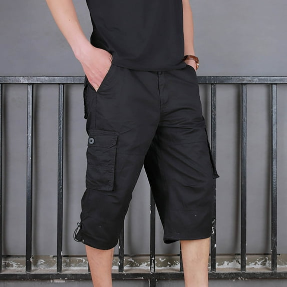 Straight Baggy Cropped Cargo Pants for Men Solid Color Comfy Baggy Workwear Short Drawstring Cuffs Button Shorts with Pockets