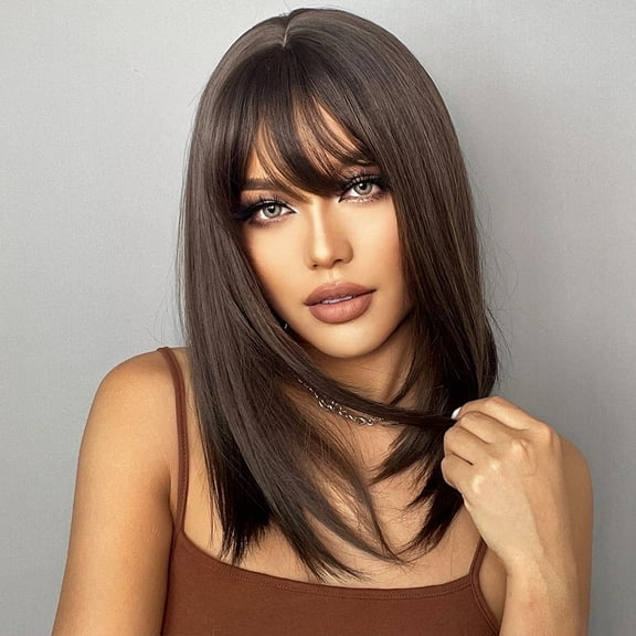 Straight Brown Wig Natural Wig with Bangs Heat Resistant Synethetic Fiber Wig