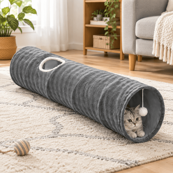 Straight Bubble Cat Tunnel For Indoor Cats 47"x12" Grey