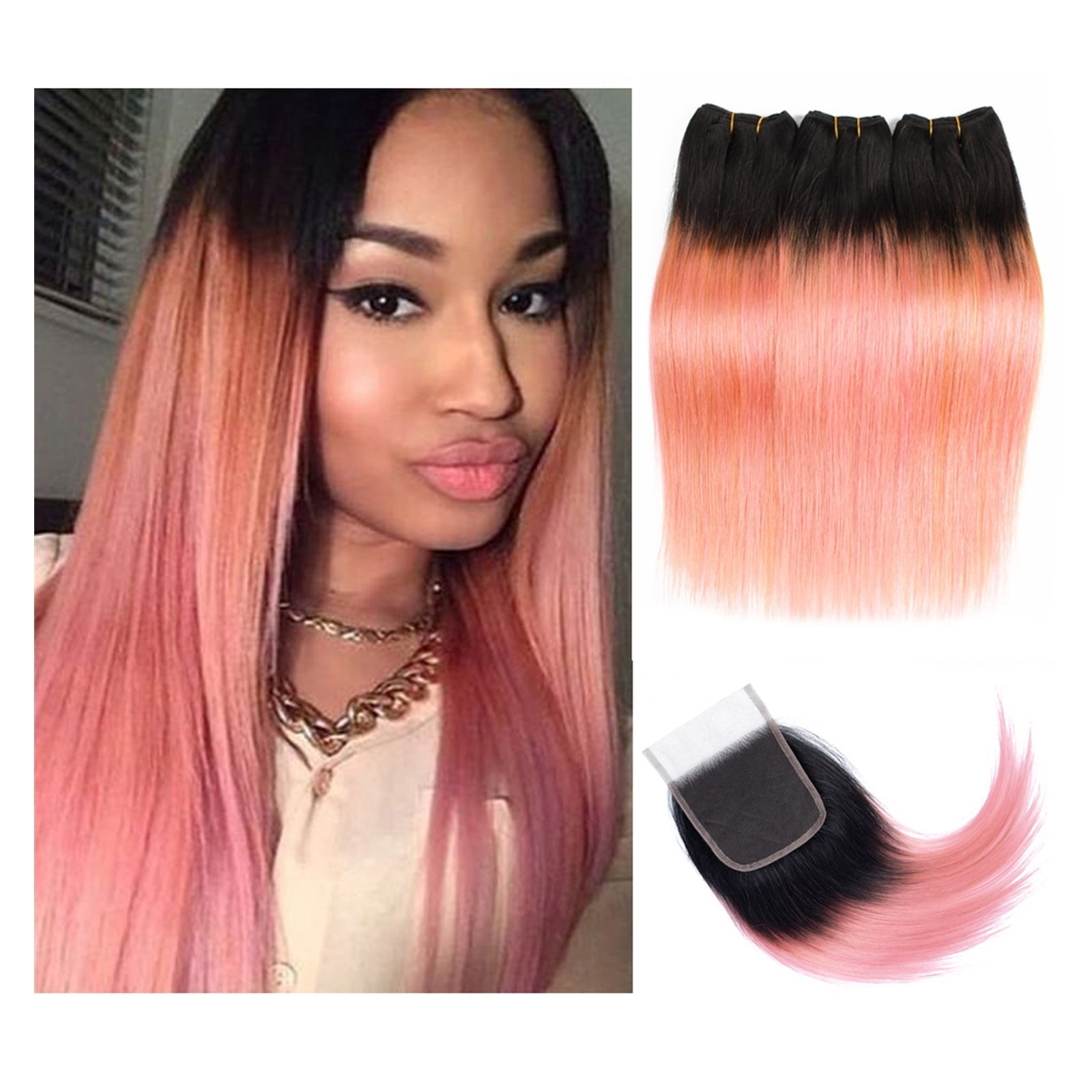 Straight Bundles with 4x4 Lace Closure Hot Pink Rose Golden Luxury Pre-Colored Remy Human Hair Extensions Hair