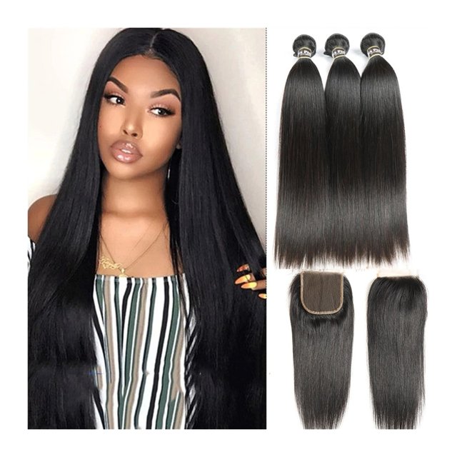Straight Bundles with Closure Remy 830 Inch Human Hair 3 Bundles with