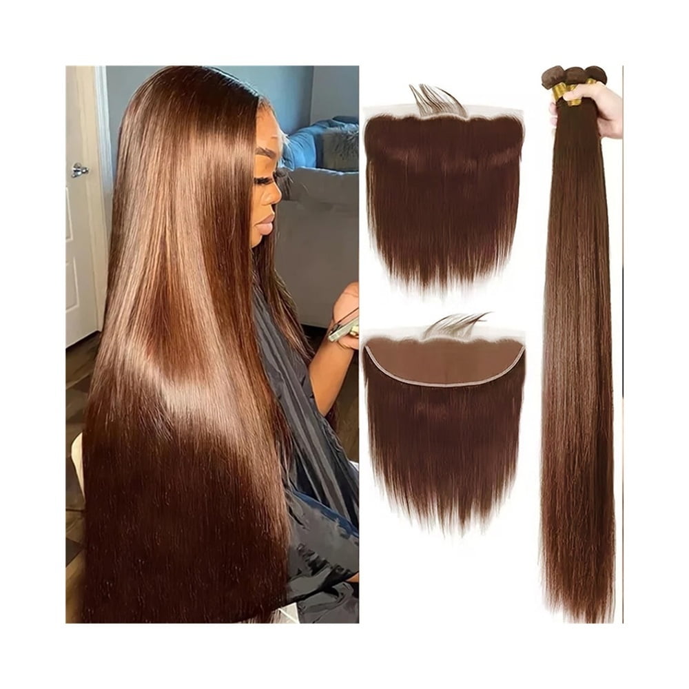 Straight Bundles with Frontal 18-30 Inch Brazilian Human Hair 3 Bundles with 13x4 Lace Frontal #4 Brown Straight Remy Hair Extensions