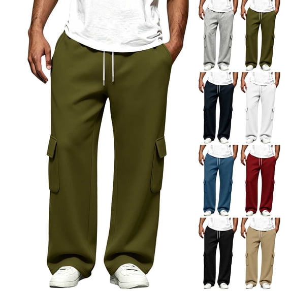 Straight Cargo Sweatpants for Men Wide Leg Open Bottom Drawstring Elastic Waist Loose Drape Casual Trousers for Daily Loungewear and Walking