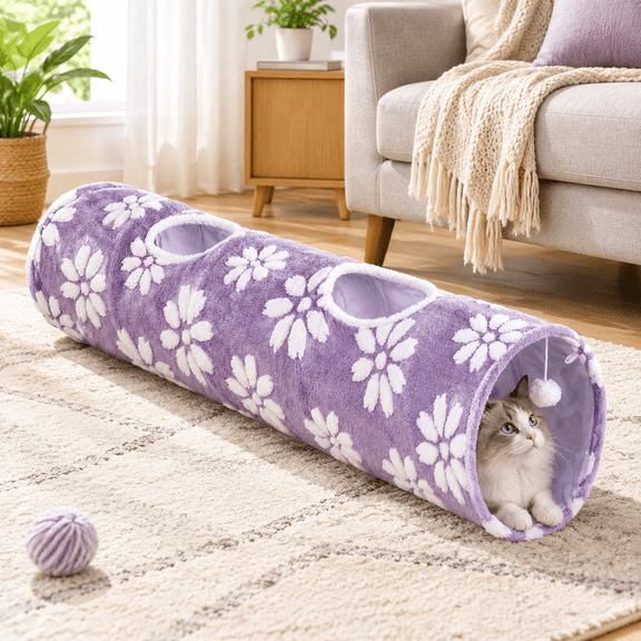 Straight Cat Tunnel For Indoor Cats 47"x12" Purple Flower