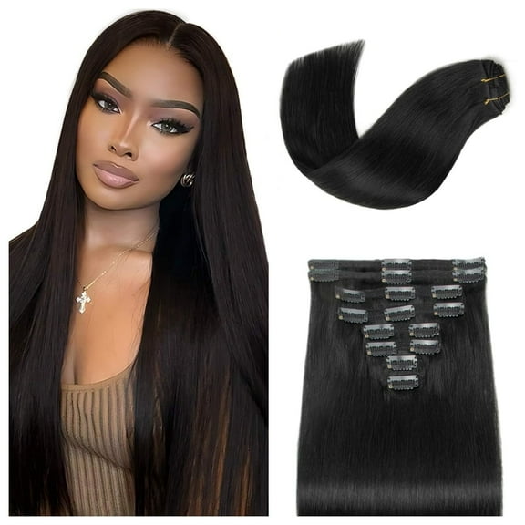 Straight Clip in Hair Extensions Human Hair 8pcs/set 80-100g Per Set with 18Clips Double Weft Clip in Human Hair Extensions Natural Black Color For Women Easy Application & Damage-Free Removal