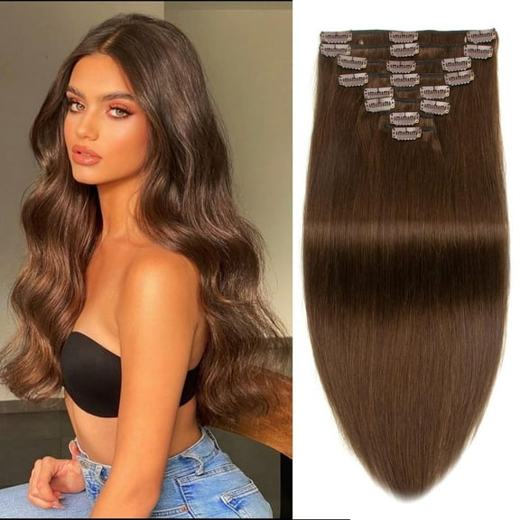 Straight Clip In Hair Extensions chocolate Real Human Hair 80-100g Clip Ins Brazilian Remy Human Hair Extension For Women 8pcs/set Per Set With 18 Clips Double Weft Easy Applica