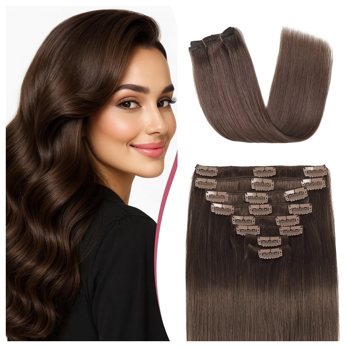 Straight Clip In Hair Extensions chocolate Real Human Hair 80-100g Clip ...