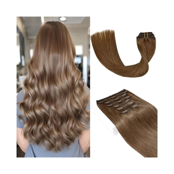 Straight Clip In Hair Extensions Medium Light Brown Color #6 Brazilian Human Hair Clip Ins 8Pcs