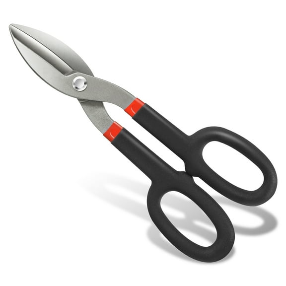 Straight Cut Tin Snip Shears, Heavy Duty High Carbon Steel with Vinyl-Dipped Handles, 10", Black/Red