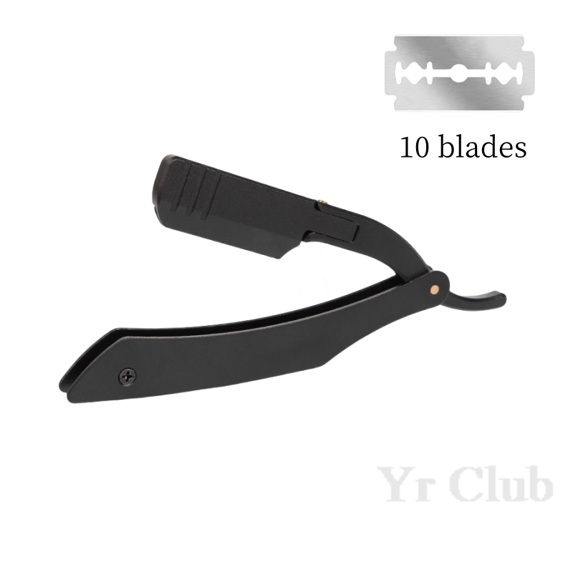 Straight Edge Shaver Manual Folding Razor Aluminum Alloy Beard Trimmer Barber Shop Hairdressing Blade Holder Men's Shaving Tools (Black--10 blades)