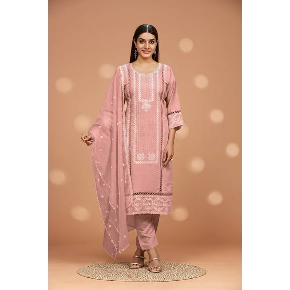 Straight Fit Embroidered Kurta with Pant & Shiffon Duppatta