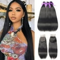 thumbnail image 1 of Straight Hair Bundles With Closure 100% Human Hair Bundles 3 Bundles With 4x4 Lace Closure Free Part #1B Natural Black Color, 1 of 5