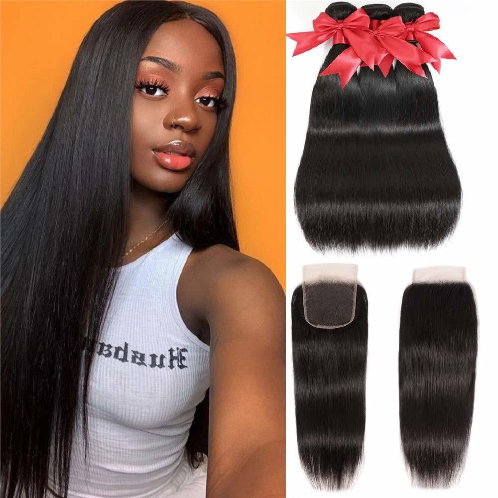 Straight Hair Bundles With Closure 100% Human Hair Bundles 3 Bundles With 4x4 Lace Closure Free Part #1B Natural Black Color