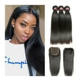 thumbnail image 1 of Straight Hair Bundles with Closure, Brazilian Straight Hair 3 Bundles with Closure, 8-36 Inch Remy Human Hair Extensions, Natural Black Color, 1 of 6