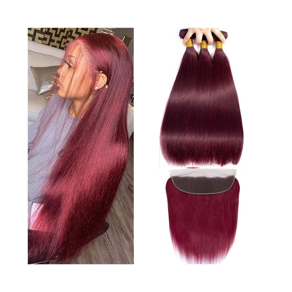 Straight Hair Bundles with Frontal Double Weft Brazilian Human Hair Weaves 3 4 Bundles with 13x4 HD Lace Frontal 99j Burgundy