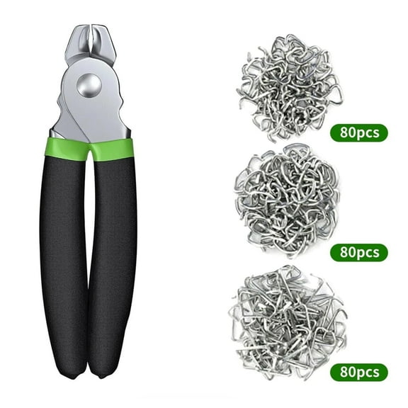 Straight Hog Ring Pliers Kit with 240Pcs 3/8", 1/2", 3/4" Galvanized Steel Rings, Ergonomic Handle Upholstery Tool Set for Car Seat Covers, Pet Cages, Chicken Coops, and Fencing Repair