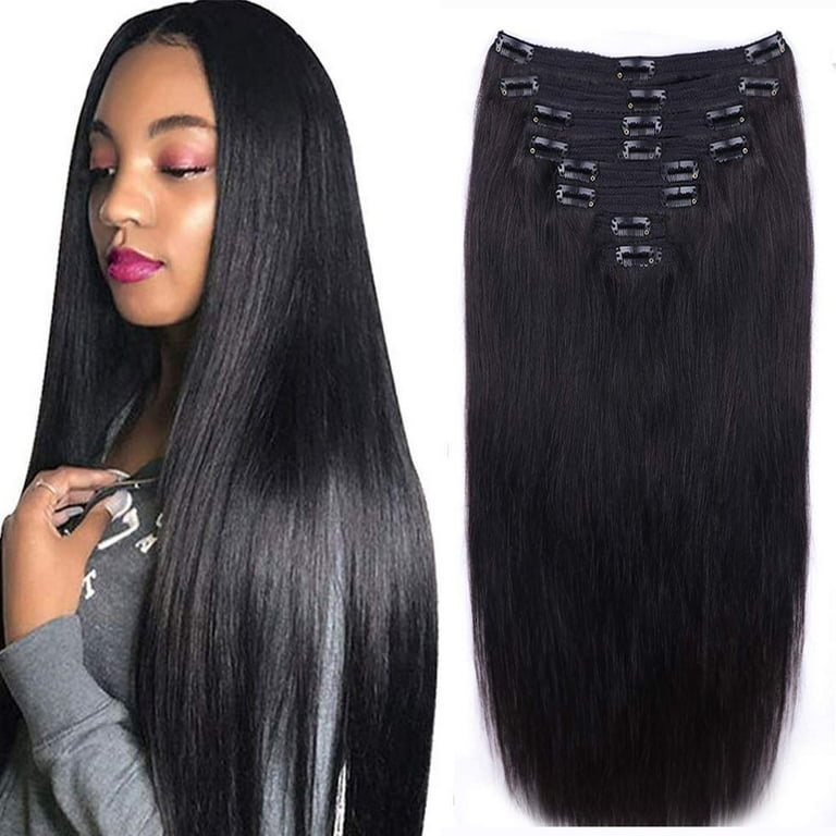 CanaryFly Straight Human Hair Clip in Hair Extensions for Black Women 100 Unprocessed Full Head Brazilian Virgin Hair Natural Black Color