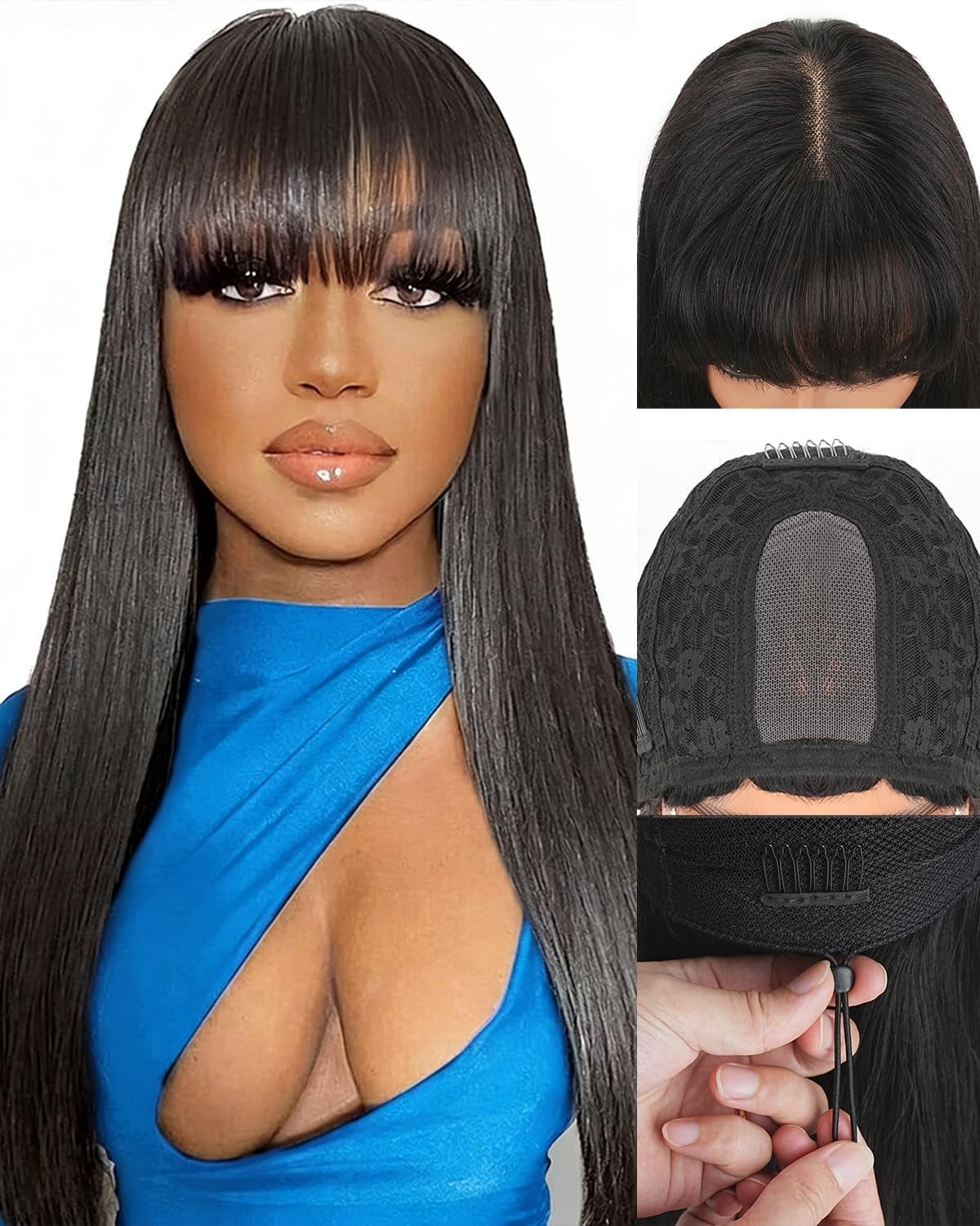 Straight Human Hair Wig with Bangs Glueless 180% Density 2x4 HD Lace Closure Amazon.com : Ruiyu Straight Human Hair Wigs with Bangs 2x4  main image 2