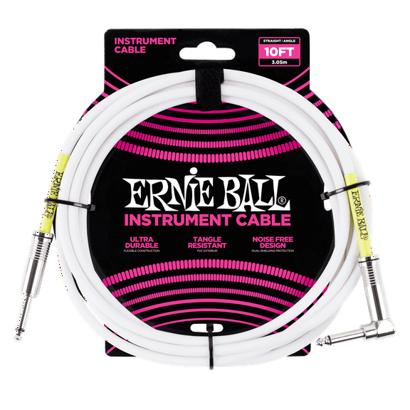 Ernie Ball Instrument Cable, Straight/Angle White, 10Ft