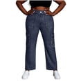 thumbnail image 1 of Straight Jeans for Women Fashion Casual Elastic Waist Pants Imitation Denim Pants with Pockets, 1 of 8
